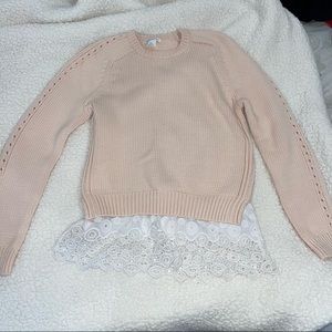 Club Monaco peach knit sweater with white lace bottom